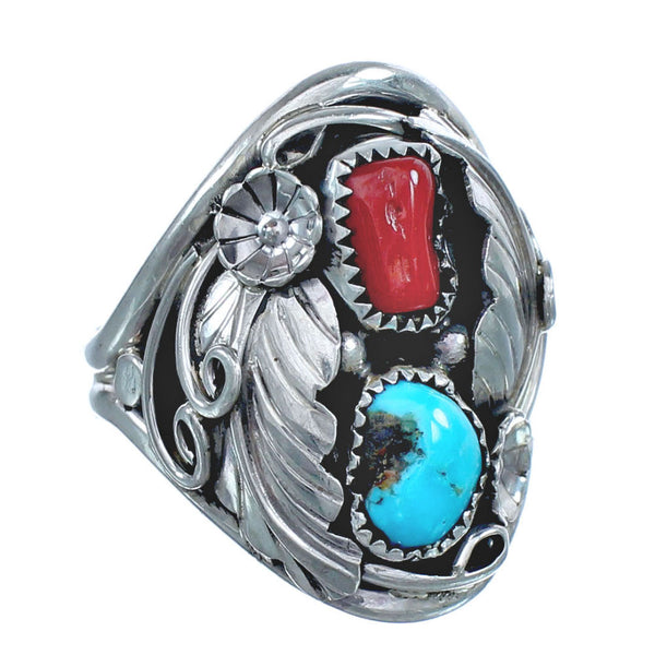 Authentic Sterling Silver Navajo Turquoise Coral Leaf Design Ring Size 10-1/4 AX122098